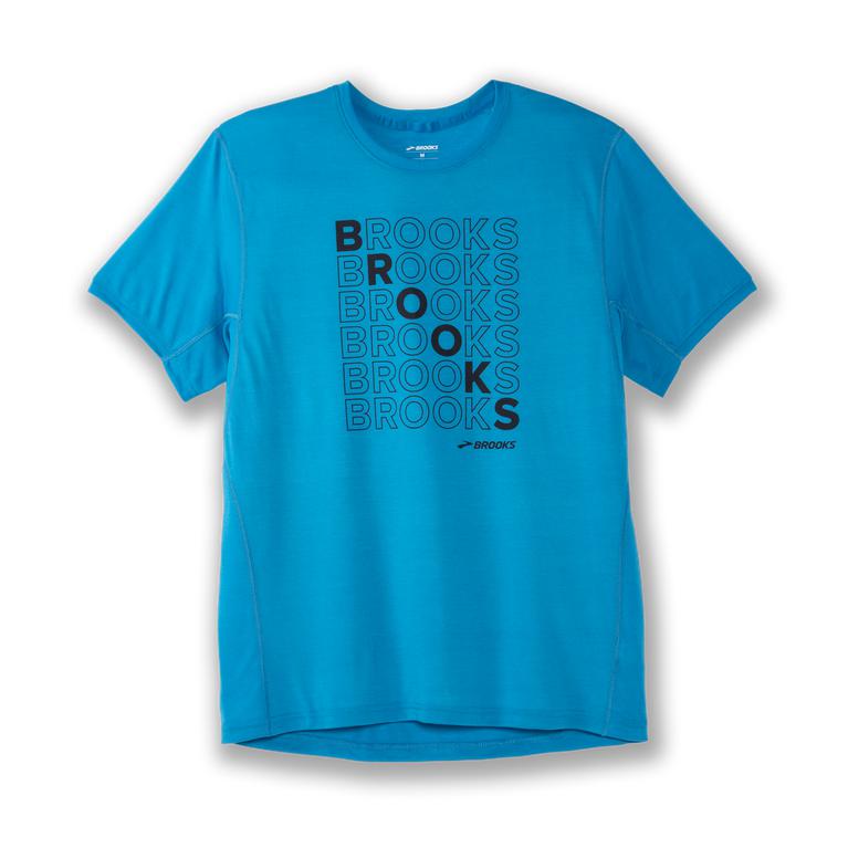 Brooks Distance Graphic Mens Short Sleeve Running Shirt - Electric Blue/Repeat - Indonesia (EHDZ-437